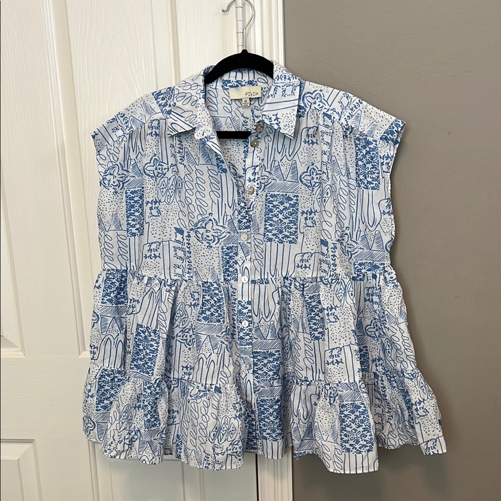 Blue and White Printed Women's Top